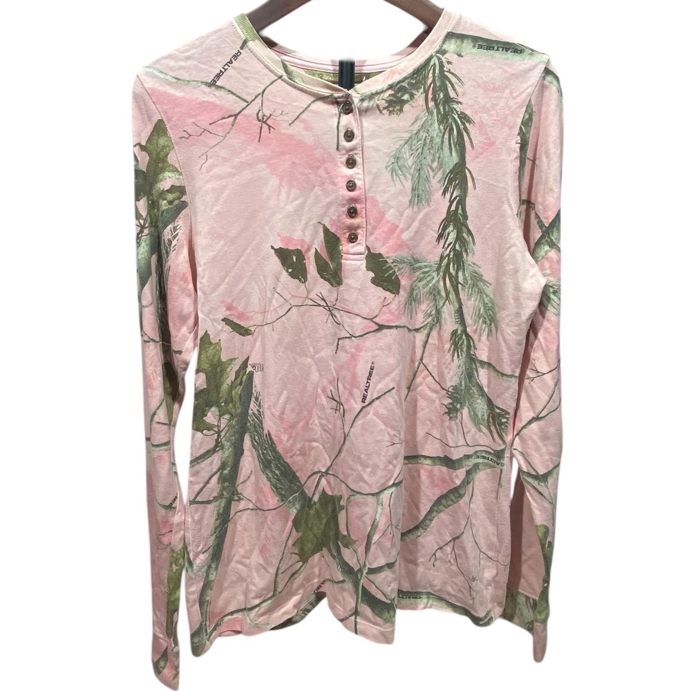 Realtree Pink Camo Long Sleeve Henley Shirt Womens Size L Cotton Blend‎